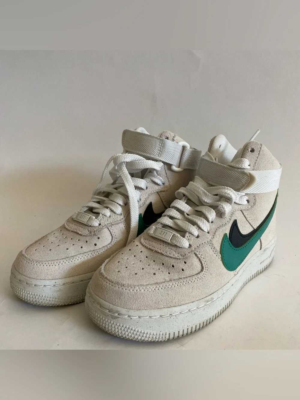 Nike High-Top Suede Sneakers in Beige with Green and Black Swoosh
